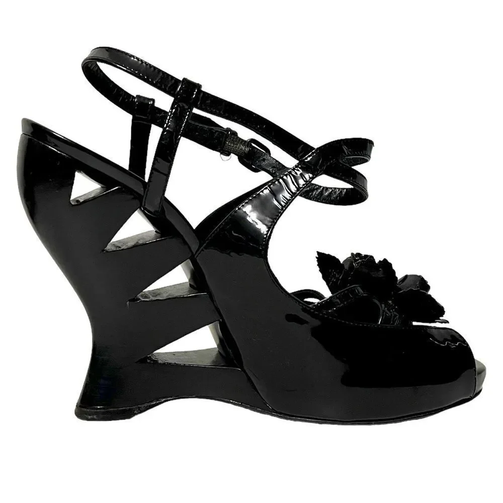 BOTTEGA VENETA Patent Leather Floral Cutout Wedge Heel Sandals 36.5